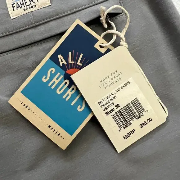 NWT Faherty Men Belt Loop All Day Shorts Chino Hybrid Ice Gray MSC0012 32 X 9